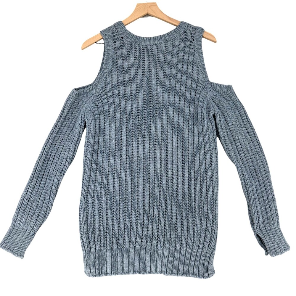 BCBGMAXAZRIA Blue Cold Shoulder Sweater Women Medium Chunky Knit Italy Textured - Picture 8 of 13